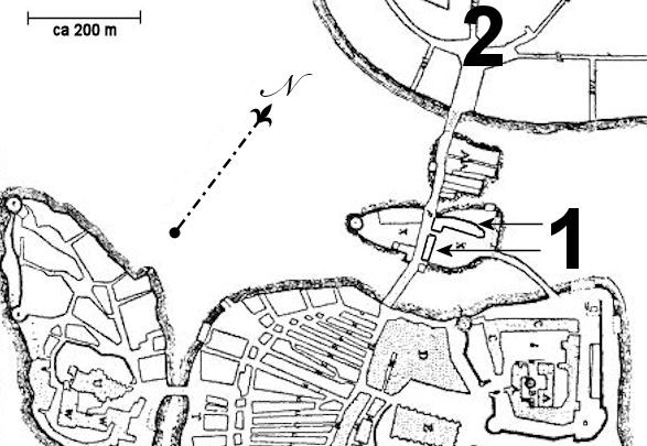 Stockholms hospital Fig. 1: Del av karta över Stockholm, ritad 1547 (källa, se ref. lista) 1. Pilarna pekar ut Helgeandshusets två byggnader, belägna till höger om stadens norra port (se fig.