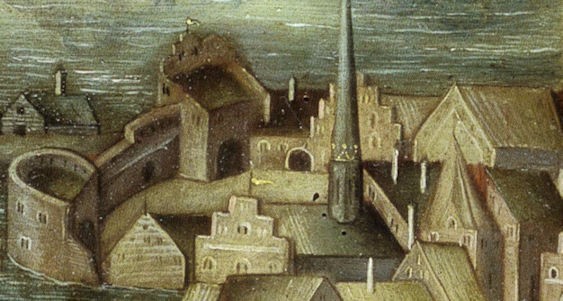 Stockholms helgeandshus Fig. 2: Detalj från den sk. Vädersolstavlan, målad 1535. Helgeandshuset visas som ett trappgavelhus med flera sidobyggnader, belägen till höger om stadsporten (källa, se ref.