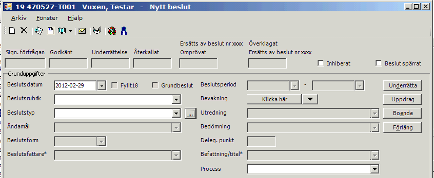 Beslutsfönstret I fönstret Nytt Beslut sätts datum för beslutet automatiskt till dagens datum.