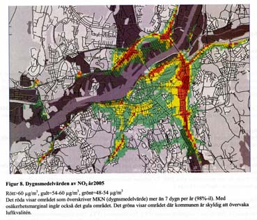 Figur 9. Dygnsmedelvärden av NO 2 för 2005 i Göteborg. Av tabell 13 framgår överskridanden av miljökvalitetsnormen för NO 2 under 2007 vid fem mätplatser.