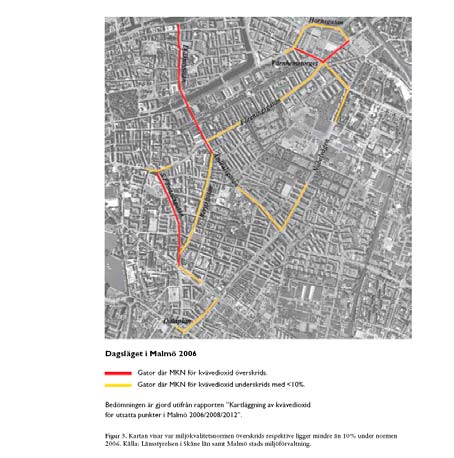 Åtgärdsprogrammet för Malmö gäller endast NO 2. Kartan (figur 17) visar bedömd omfattning av överskridanden 2006. Figur 17. Områden i Malmö där MKN för NO 2 bedöms överskridas.