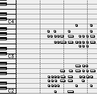 Kapitel 4 Figur 4.4 Fyra sekunder musik representerad i notskrift. Notbilden är svårtolkad. Figur 4.5 Samma fyra sekunder, nu representerade grafiskt med pianorullemodellen.