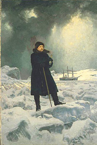 även den förste att genomsegla Nordostpassagen. Nordenskiöld genomförde sin första expedition till Spetsbergen år 1864. Adolf Erik Nordenskiöld målad av Georg von Rosen 1886., Nationalmuseum.