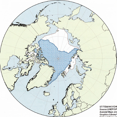 Melting of sea ice and forecast Extent of sea ice 2007 1982 Source: UNEP/GRID-Arendal Maps and Graphics Library/ National Snow and Ice Data Center 4.1.1. Klimat De globala klimatförändringarna har gjort Arktis till ett av världens mest utsatta områden.