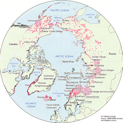 population concentrations in the arctic region Population in agglomerations 400 000 100 000 20 000 200 000 50 000 The little red dots indicate concentrations of fewer than 20 000 people and very