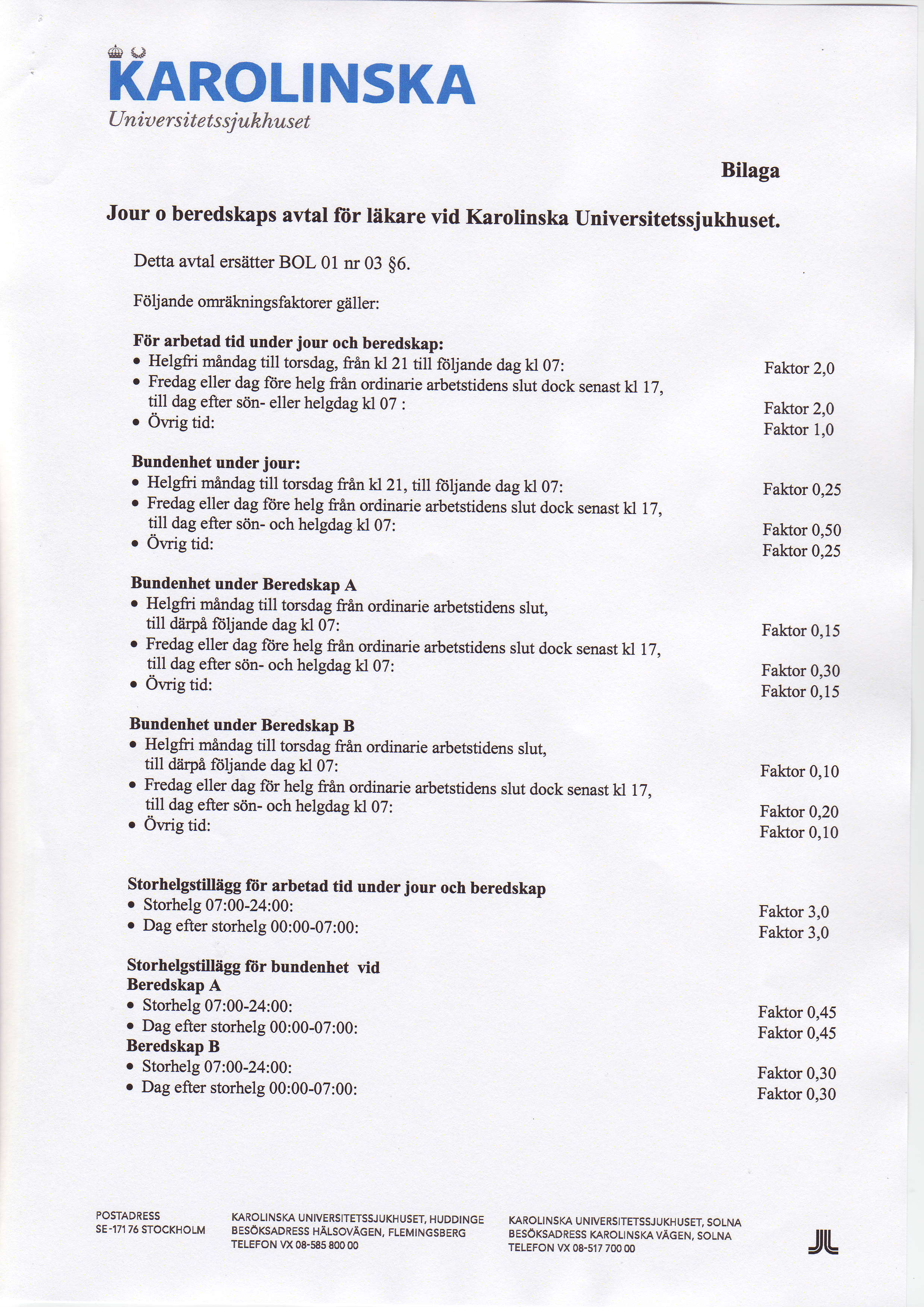 EEr *p Unia e r s i t e t s sj ukhus e t Bilaga Jour o beredskaps avtal fiir liikare vid Karolinska tlniversitetssjukhuset. Detta avtal ers[tter BOL 01 nr 03 $6. Fdljande omr?