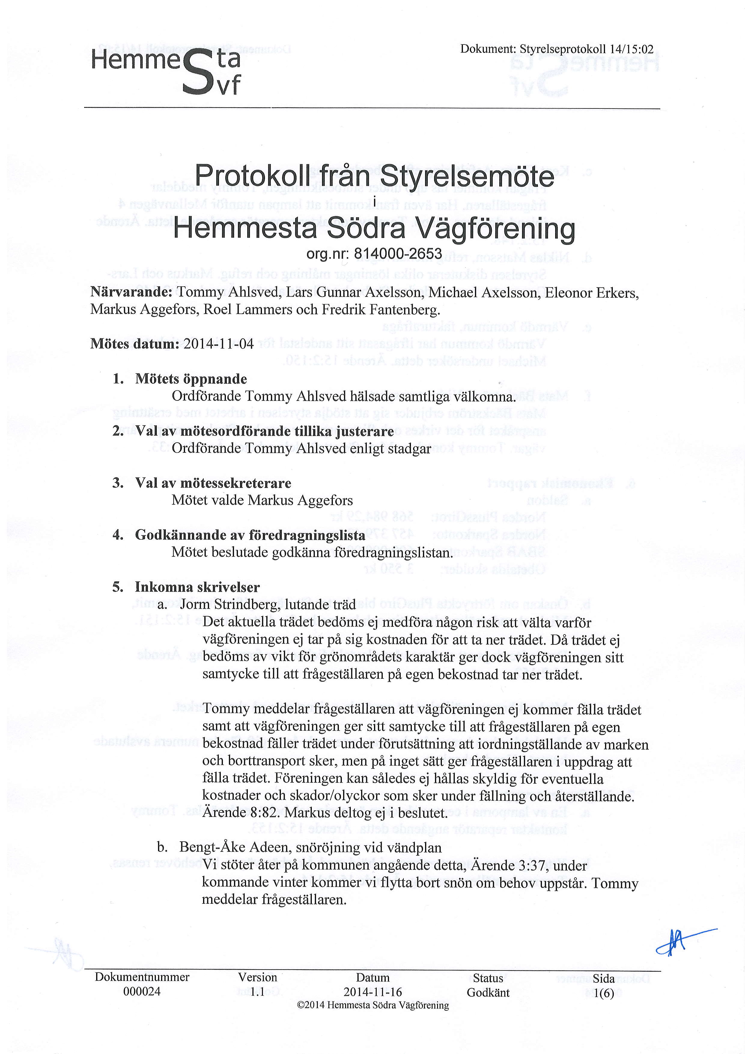 HemmeQtu rjvf Dokument: Styrelseprotokoll 14 I 5 :02 Protokoll fran Styrelsemote Hemmesta Sodra Vagforening org.
