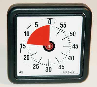 Att komma ihåg och att planera tid Timetimer är ett tidur man ställer själv. Det färgade fältet visar hur lång tid som är kvar.