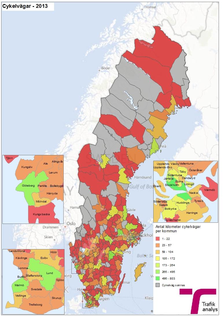 Figur 3.8.3 : Antal kilometer cykelväg per kommun. Källa: Open Street Map. Bearbetning: Trafikanalys.