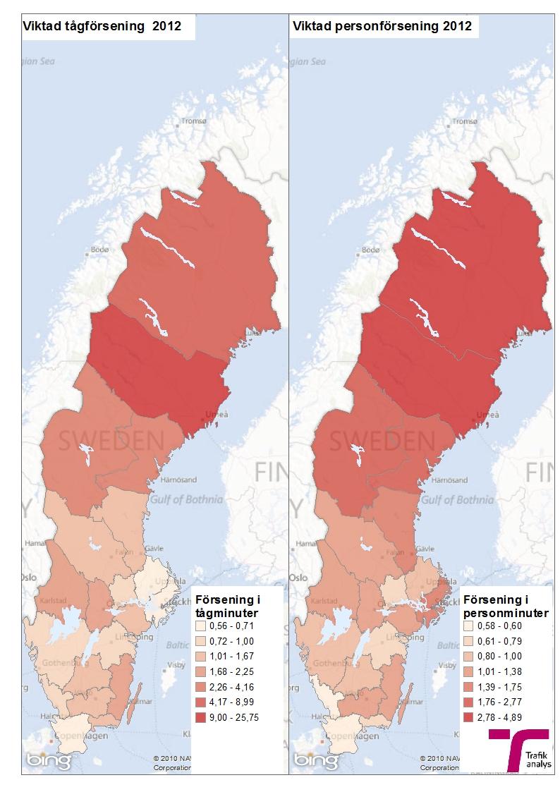 Figur 3.2.6: Förseningar i järnvägstrafiken, viktad försening uttryckt i tågminuter och personminuter. Källa: Trafikanalys databas över persontågsförseningar.