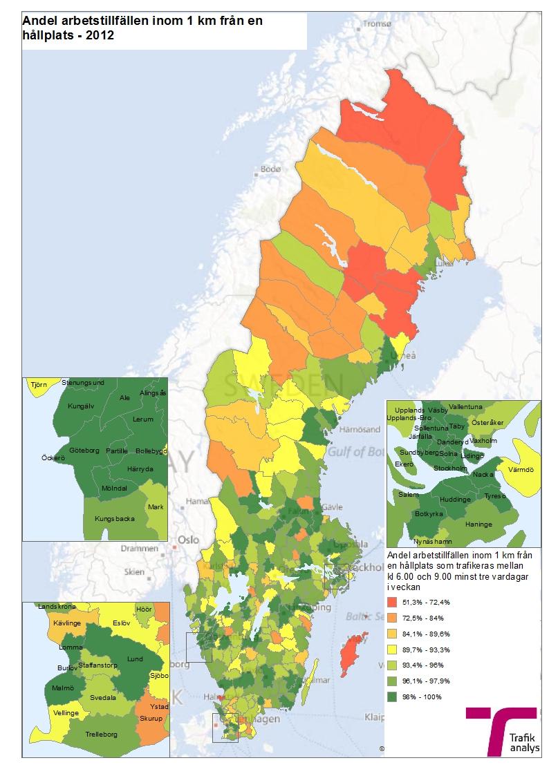 Figur 3.4.4: Andel arbetstillfällen inom 1 000 meter från minst en trafikerad hållplats. Källa: Hållplatser 2012 från (Samtrafiken, 2013). Tillväxtanalys Antal sysselsatta per arbetsställen 2010.