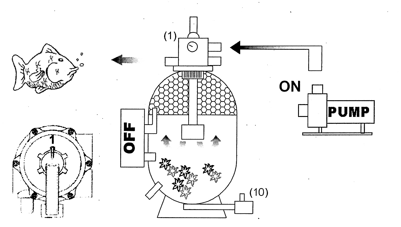 A Fig. 16 Tillbaka till normal filtrering 1) Stäng av dammpumpen. (PUMP) på fig.16. 2) Stäng avtappningskranen (fig.16-10).