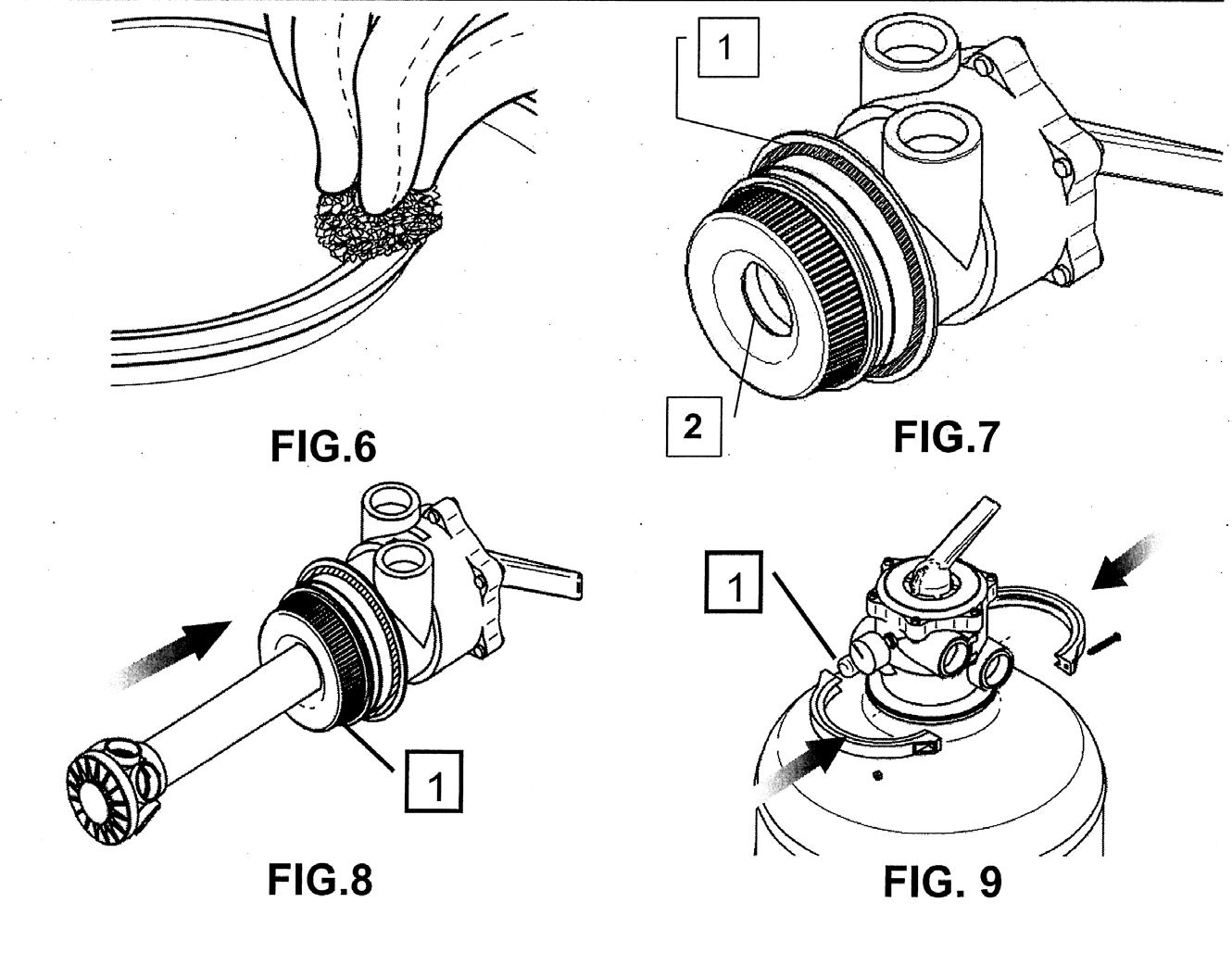 Montera sexvägsventilen 1) Torka av filterbehållarens kant, uppe vid öppningen.- Fig.6 2) Förvissa dig om att den mjuka O-ringen (fig.1-3) sitter rätt på sexvägsventilen (fig.7-1).