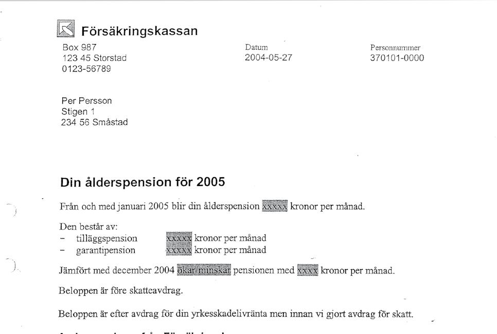 Det nya pensionsbrevet inleds med att tala om hur stor pensionen blir. läggare.