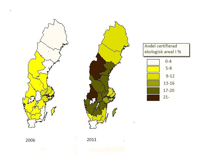 Figur 7 KRAV-certifierad ekologisk areal 2006 och ekologiskt certifierad areal i åtagande för miljöersättning 2011, procentuell andel av åkermark i olika län.