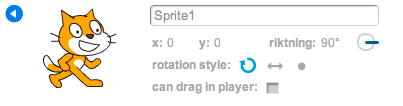barnhack! kom igång med scratch del 1 11 Inställningar för sprite I rutan som visas nu kan du se några olika detaljer för just den sprite du klickade på, en instans av katten Scratch.