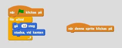 Om du tittar på ditt script medan katten springer så ser du att hela scriptet liksom glöder, och omgärdas av en gul färg. Det är Scratch som visar dig att det scriptet körs för tillfället.