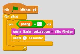 barnhack! kom igång med scratch del 1 31 Vänta tre sekunder efter att ljudet spelats färdigt Nu spelar Scratch alltså ett ljud och väntar tre sekunder när spelaren når tio poäng.