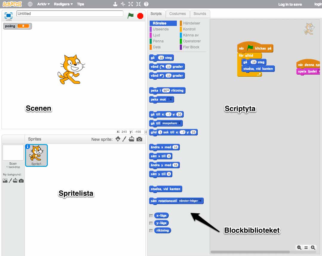 barnhack! kom igång med scratch del 1 5 Editorn i Scratch 2.0 Man kan tänka på Scratch som en teater. Teatern har en scen där allting utspelar sig.