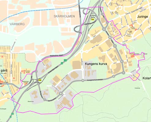 Området riktar sig mot Skärholmens centrum med dess inglasade köpcentrum och högre exploatering av bostadsbebyggelse men avgränsas från området av den barriär som E4/E20 innebär.