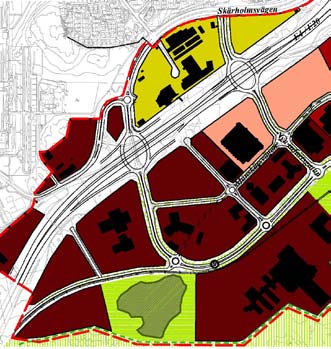 I Lindvretens norra del separeras trafikantgrupperna längs Skärholmsvägen och Vårby allé genom parallellgående trädplanteringar.