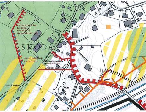 Genom vårt förslag ovan underlättas belastningen av befintliga vägar och gång och cykelbana behöver ej gå genom fyrvägskorsningen samt att vägbredden mellan fastighet 2:101 och grannens fastighet