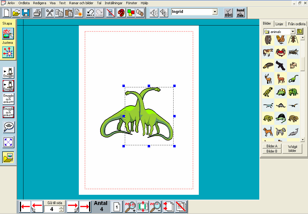 4 Bygga upp en bildmiljö Börja på en ny sida (sida 4) Öppna Bildarkivet och välj mappen Djur. Lägg in två gröna dinosaurier och gör dem stora.