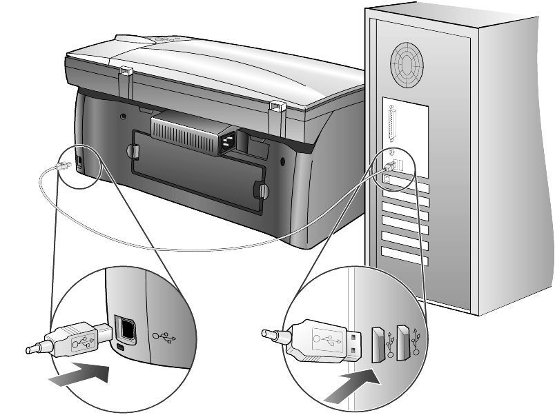 ansluta hp psc till datorn HP PSC har funktioner för HOT Swapping. Det betyder att du kan ansluta till HP PSC när strömmen är påslagen både till datorn och till HP PSC.