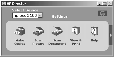 3 Välj hp psc 2100. I Director visas bara de knappar som gäller den aktuella enheten.