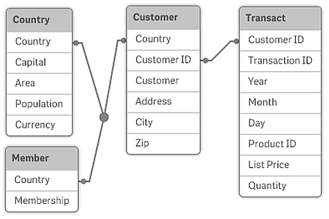 7 Introduktion till datamodellering Fyra tabeller: en lista över länder, en lista över kunder, en lista över transaktioner och en lista över medlemskap, vilka alla associeras med varandra genom