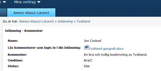 Du når alla dessa tre typer av kommentarer genom att välja Läs kommentarer som finns i rullistan i inlämning mappen, se nedan: Klicka på den lilla blå pilen framför det dokument