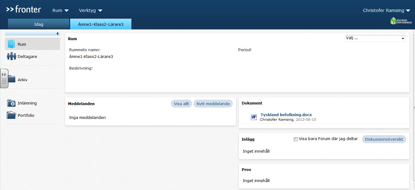 Att använda ett rum i Fronter När du kommer in i rummet ser du följande bild. Här kan du se de senast dokumenten som din lärare har lagt upp.