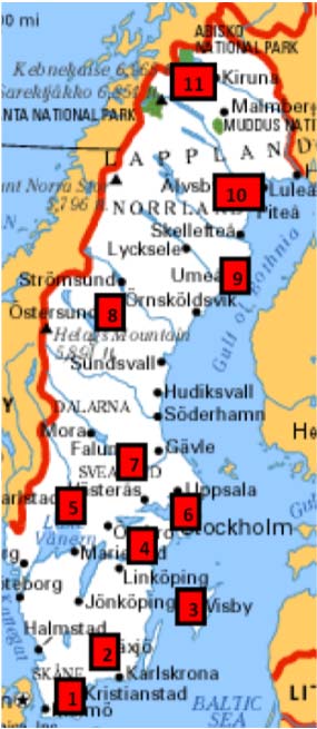 varit för dålig så dessa data har inte använts. För Lund användes temperaturdata för Malmö. Stockholms data var för dåliga. I Tabell 5 sammanställs data för de platser som data erhållits från.