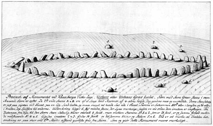 Fig. C.G.G Hilfelings teckning från 1777 visar att stävstenen halvligger över den fallna sidostenen i samma läge som 1914.
