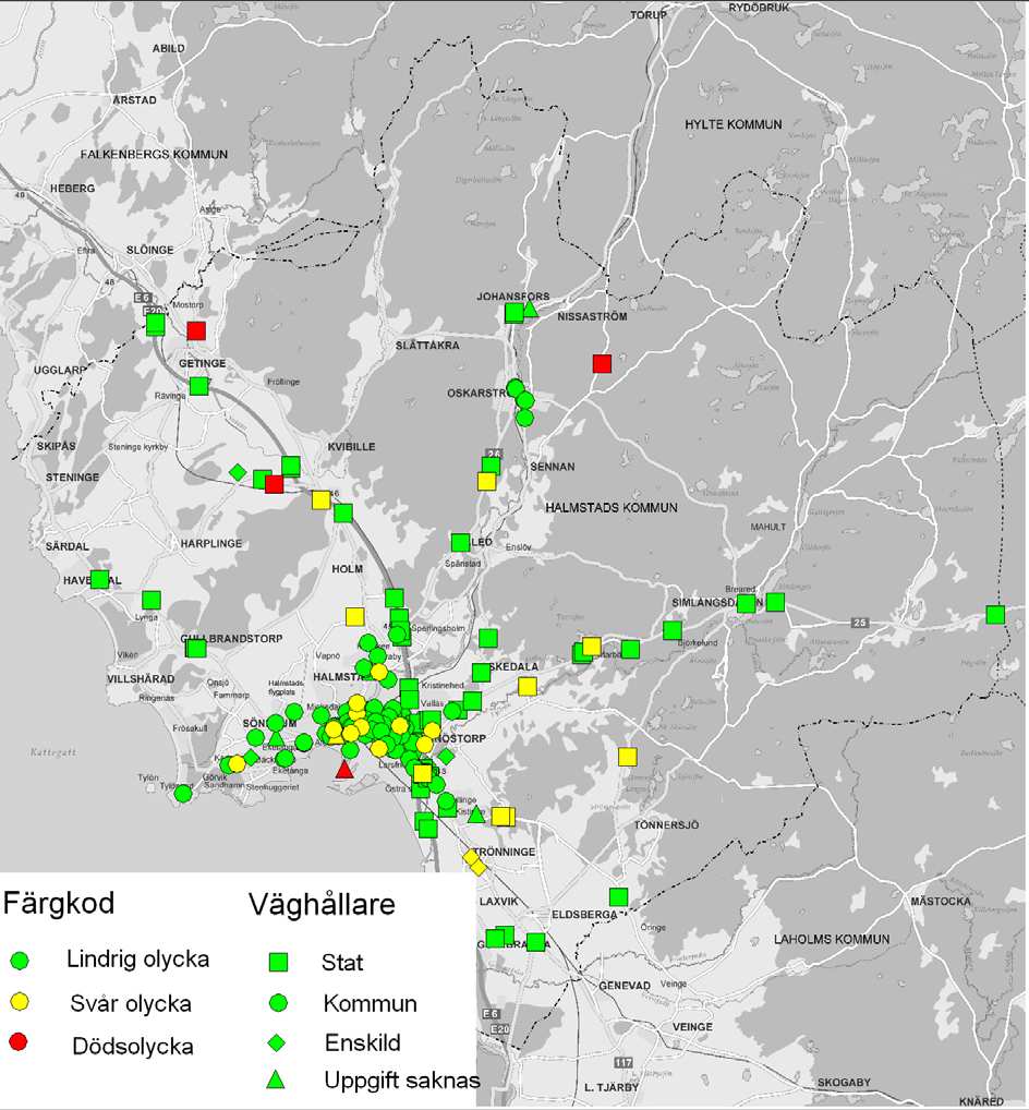 Geografisk spridning av trafikolyckor En översiktsbild över Halmstads kommun visar att olyckorna från 2009 är spridda, med undantaget från Halmstads tätort, där olycksbilden är mer centrerad.