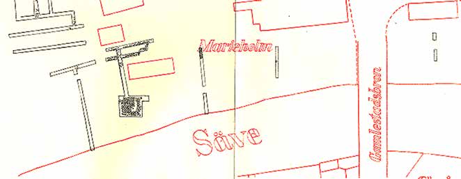 10 Bohusläns museum Rapport 2013:8 Figur 7. Utsnitt från Strömboms plan över undersökta ytor år 1916 1917. Planen visar schakt förlagda i anslutning till Säveåns norra åbrink (Strömbom 1924).