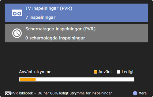 När man valt TV inspelningar så ser man till höger de program som spelats in samt håller på att spelas in. Genom att markera ett program och trycka OK på fjärrkontrollen påbörjas uppspelningen.