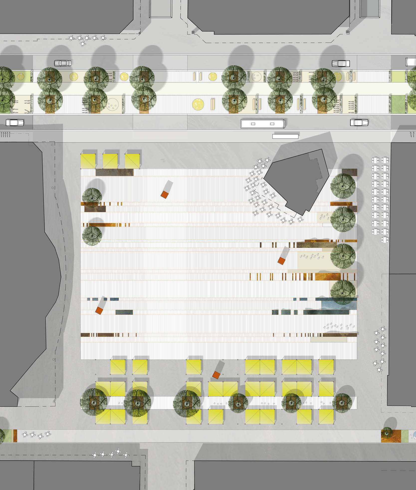 En yta avsedd för torghandel där kvadratiska utrymmen utgör marknadsplatserna, dessa är täckta med ett gult tak.