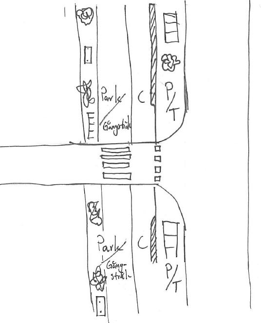 Figur 7 Utformning i korsningar Cykelbanan som kommer in från terminalområdet i norr blir genomgående med endast tre korsningspunkter: bussbanan (två platser) och Tivoligatan.