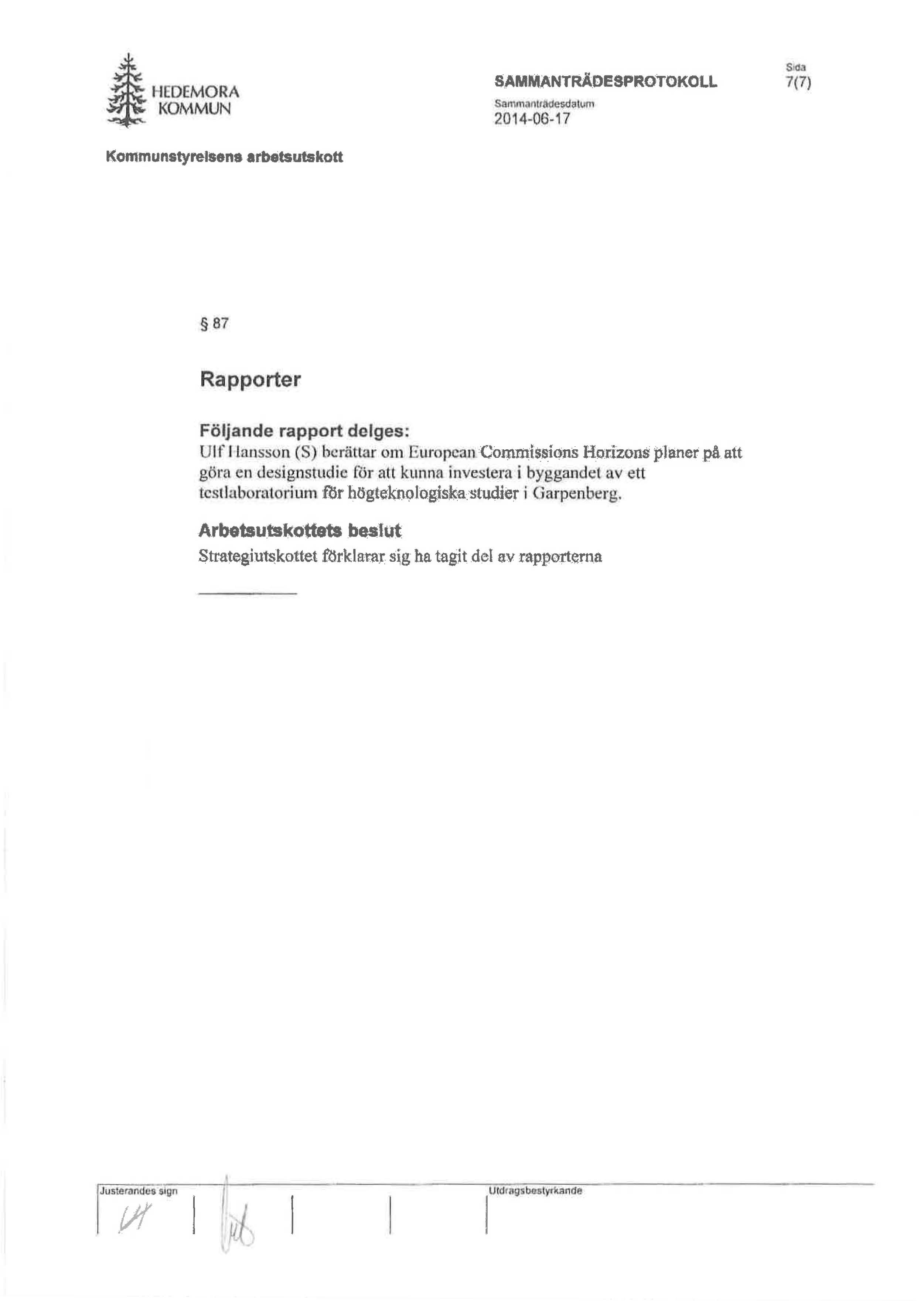 ~ HEDEMORA!!J! KOMMUN KommunstyreJaen8 arbetsutskott SAMJ!