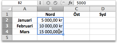 Markera cellerna B2, B3 och B4. Klicka på Redigera > Kopiera.