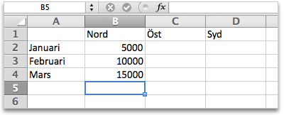 Om du vill allokera data till en cell kan du trycka på RETUR, TABB eller någon av piltangenterna.