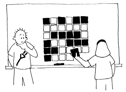 Kylskåpsmagneter är idealiska. 1. Välj ett barn som får lägga ut korten i en kvadrat 5 5 med en slumpmässigt blandning av vilken sida som visas.
