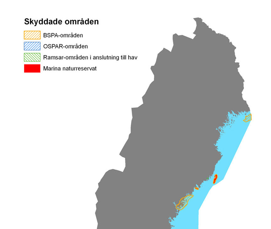 Figur 1: Kartan ger en översikt över områden rapporterade till OSPAR, HELCOM och Ramsar och vilka som skyddas som marina naturreservat. Källa: Naturvårdsverket 2007.