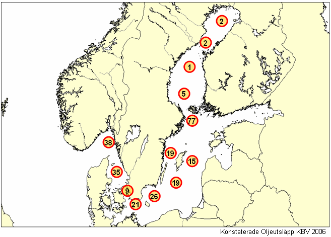 Figur 5. Konstaterade oljeutsläpp i Sverige under 2006. Källa: Kustbevakningen.