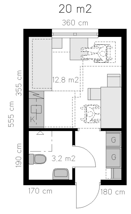 64 Förslag på regeländringar för fler bostäder åt unga och studenter Det lägre kravet på förvaring och köksinredning gör att bostadsarean för den exemplifierande bostaden, givet ideala proportioner,