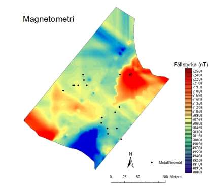 SGC Rapport 2012:266 liserad IP, medan det högresistiva lager som tolkas som berggrund i övrigt ger små normaliserade IP-effekter. Magnetometri Resultaten av magnetometrimätningarna visas i figur 3.