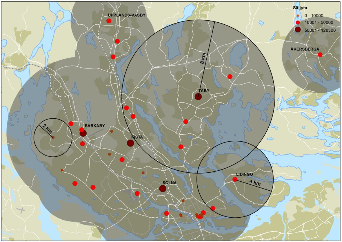 Överlappande upptagningsområden De mång centrum som finns har överlappande upptagningsområden, vilket innebär att de ska hämta sin omsättning från samma kundunderlag.