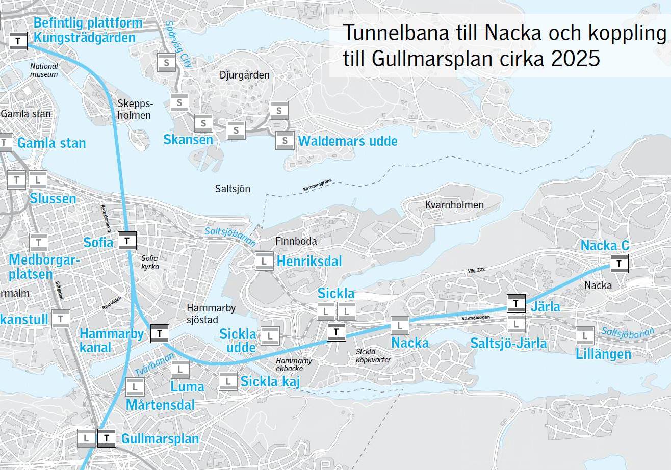 Tunnelbanans utbyggnad Figur 3 Linjesträckning för de nya tunnelbanelinjerna Kungsträdgården Gullmarsplan/Söderort och Kungsträdgården Nacka För ett snabbt genomförande ska byggstart ske senast 2018