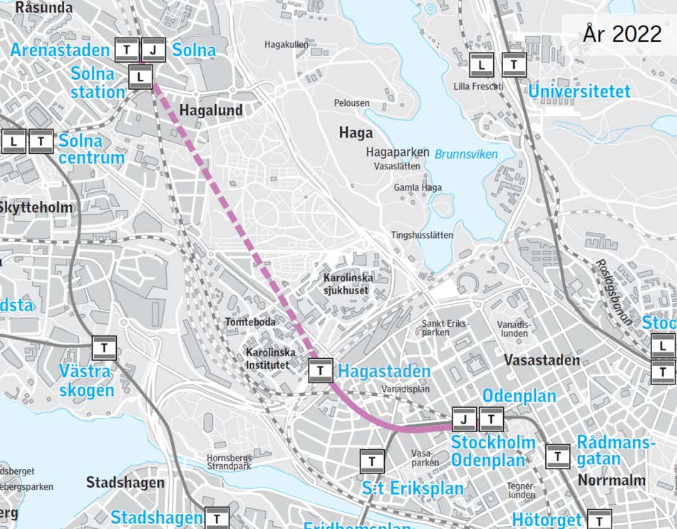 Tunnelbanans utbyggnad Figur 4 Principiell linjesträckning för den nya tunnelbanelinjen Odenplan Hagastaden Arenastaden För ett snabbt genomförande ska byggstart ske senast